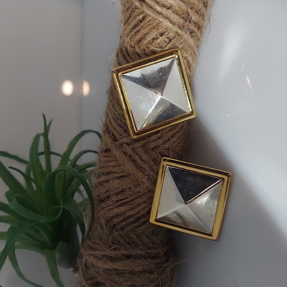 E1769 Vintage Chunky Silver Gold Square Diamond Earrings - Picture 4 of 11